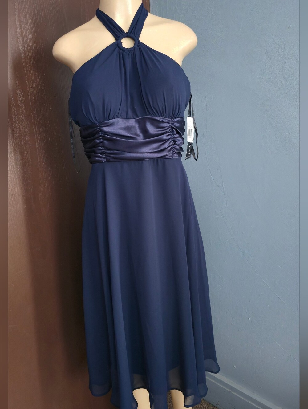 connected apparel Navy Halter Midi Dress with Satin Waistband